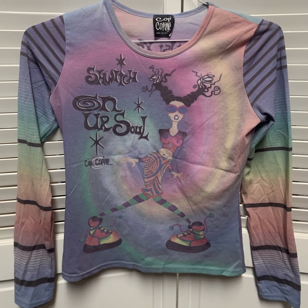 Vintage Cop Copine Switch On Ur Soul Groovy Mesh Long Sleeve Graphic Print Shirt